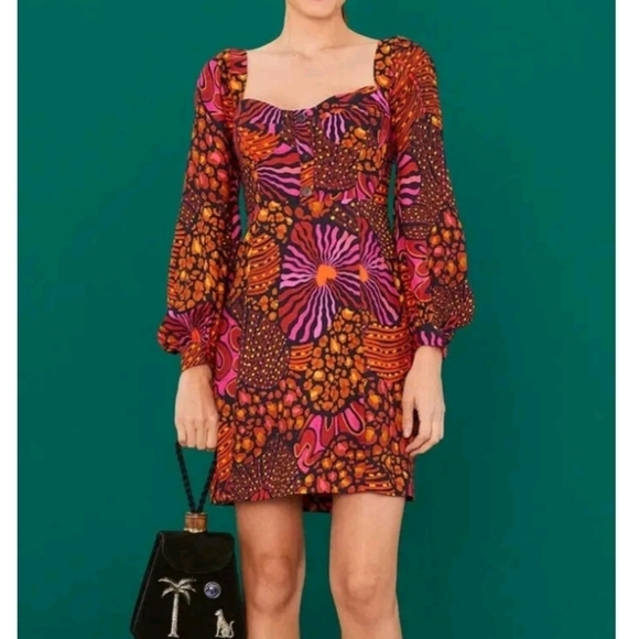 FARM Rio Dresses & Skirts - Farm Rio Leopard Hearts Long Sleeve Mini Dress Size XS Sweetheart Neckline